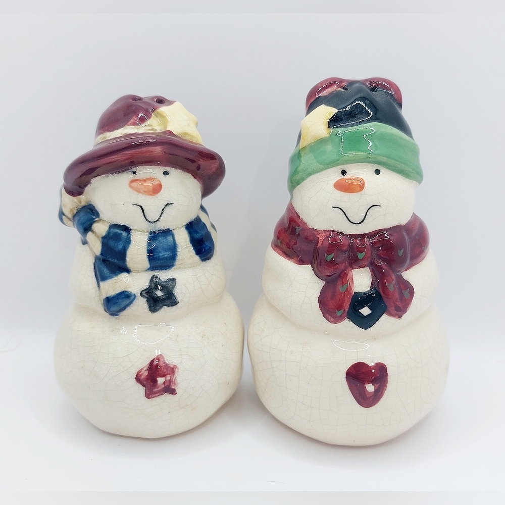 Vigor Christmas Mr & Mrs Snowman VTG Salt Pepper Shakers Crackle
